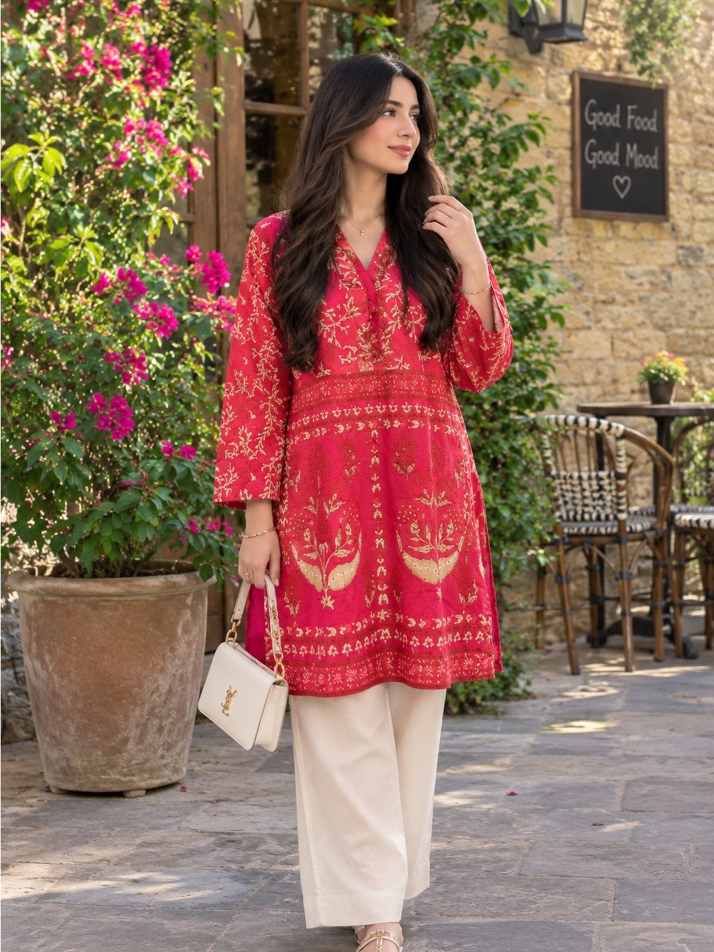 Red Floral Print Tunic Top with Gold Accents